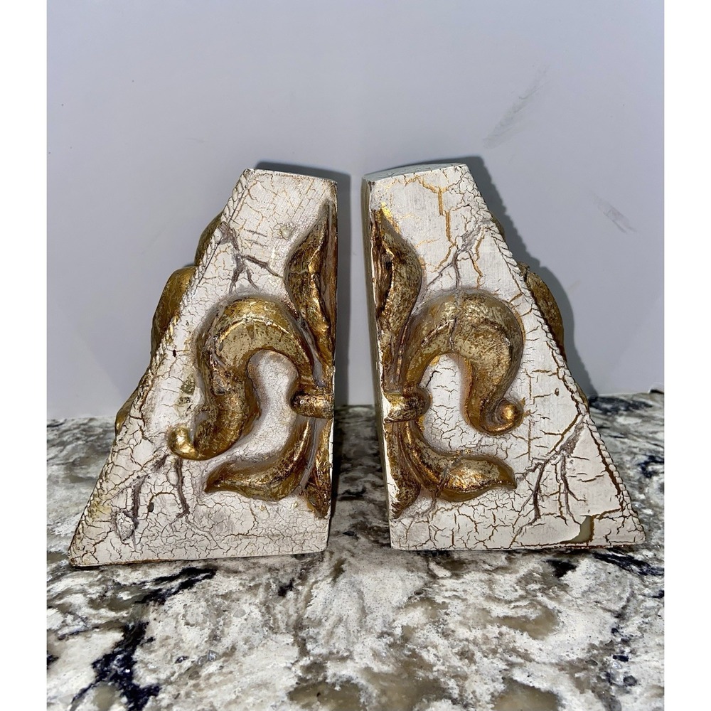 Fleur De Lis Chic Bookends Distressed White Gold Finish